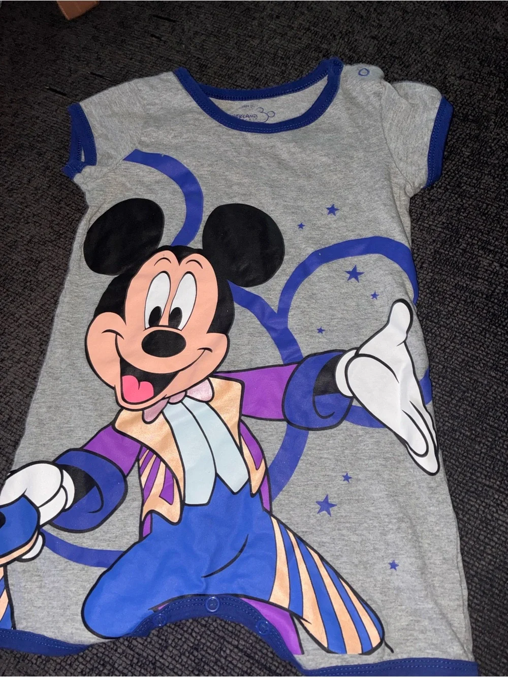 Disney Grey Bodysuit with Blue Trim and Multicolor Mickey Print